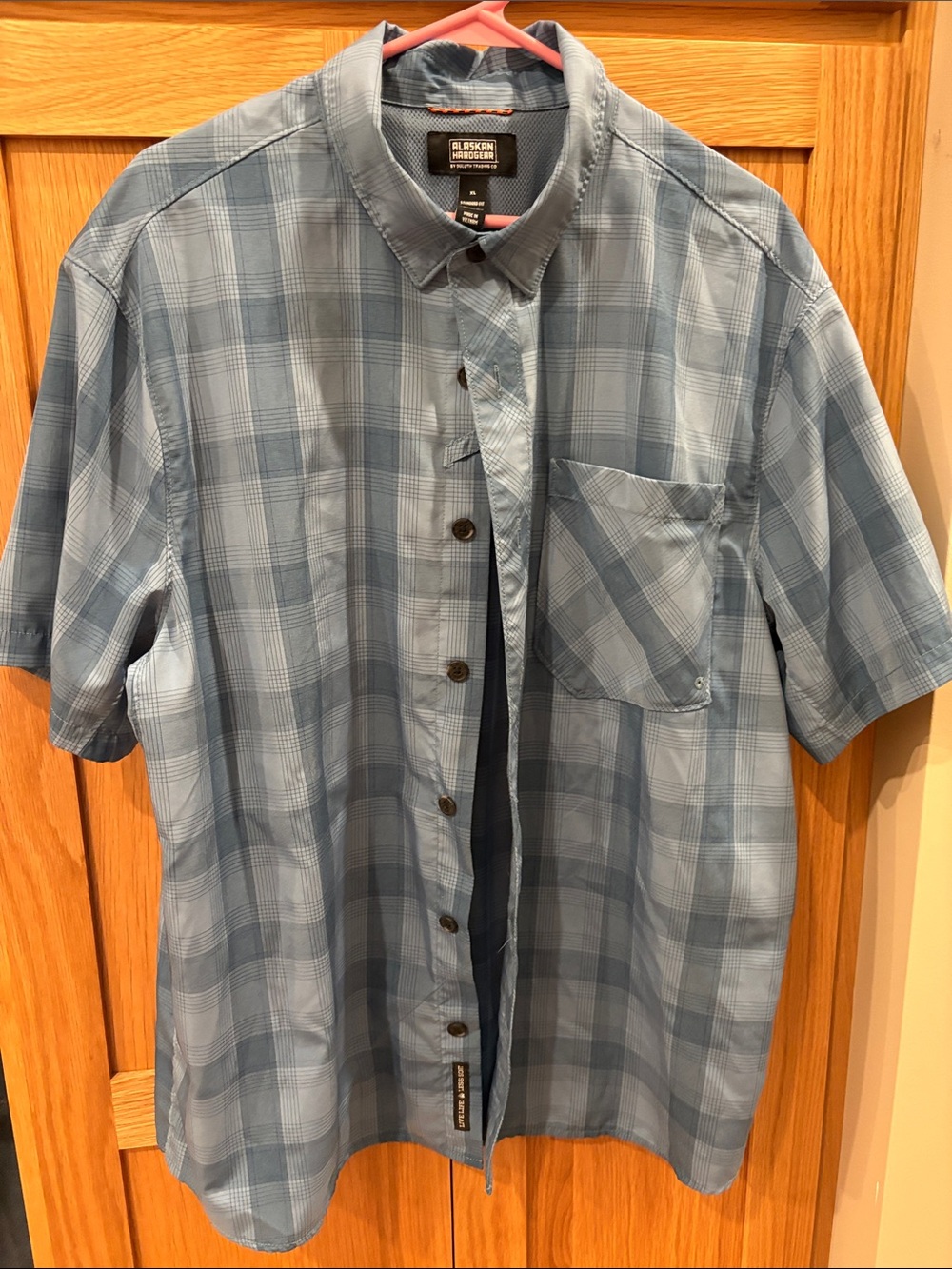 Duluth Alaskan Hardgear Men's XL Short-Sleeve Plaid Button-Up Shirt Light Blue